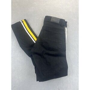 Focus Jeans Mens Biker Moto Black Destroyed Denim Yellow Side Stripes 29x30